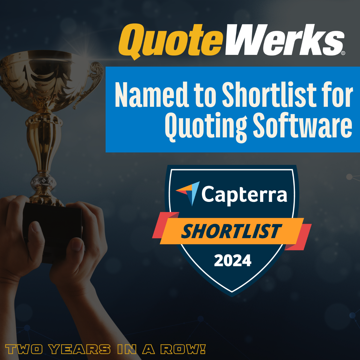 We're thrilled to announce that QuoteWerks has been named to the Capterra Shortlist for Quoting Software in 2024! This prestigious recognition highlights our commitment to providing businesses with the best possible tools for creating winning quotes and proposals.