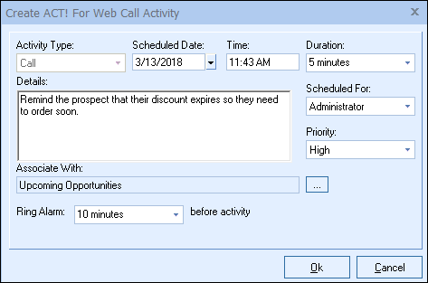 QuoteWerks Creates a Call in ACT! for Web