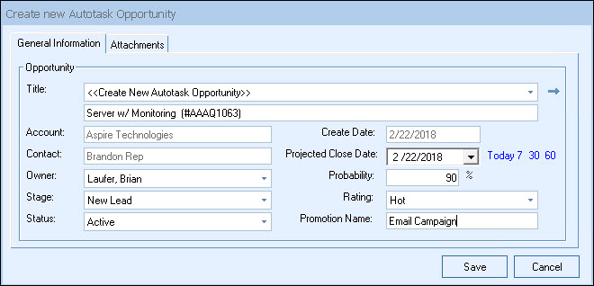 QuoteWerks Creates/Updates Sales Opportunities in Datto Autotask PSA