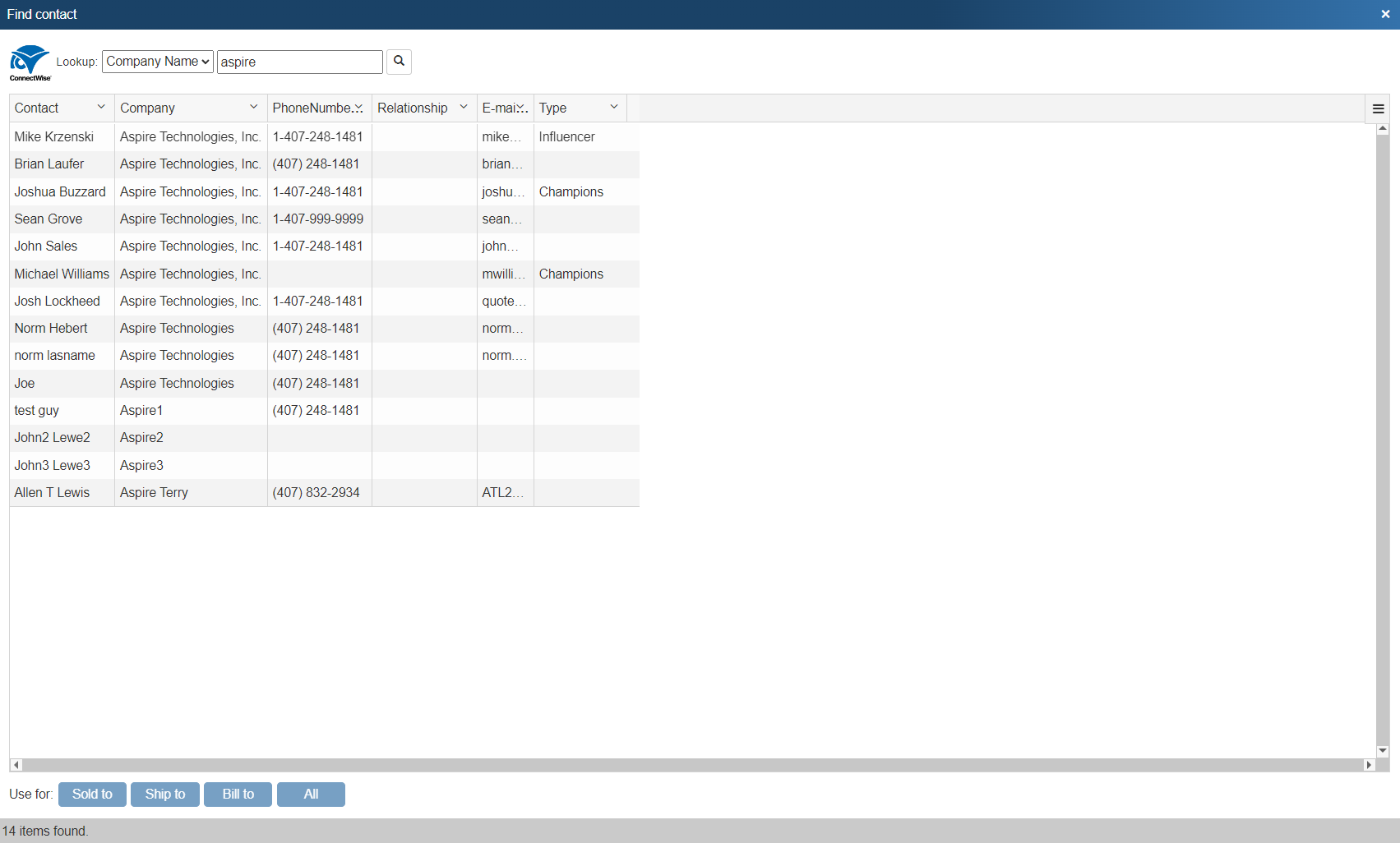 QuoteWerks searches the ConnectWise database for a contact to use in the quote