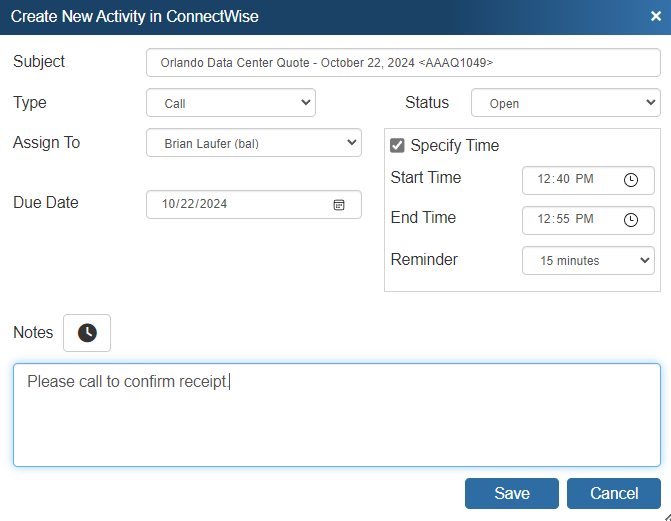 QuoteWerks schedules Call Activities in ConnectWise