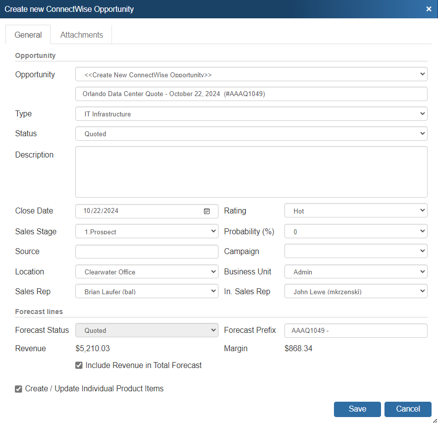 QuoteWerks Creates/Updates Sales Opportunities in ConnectWise