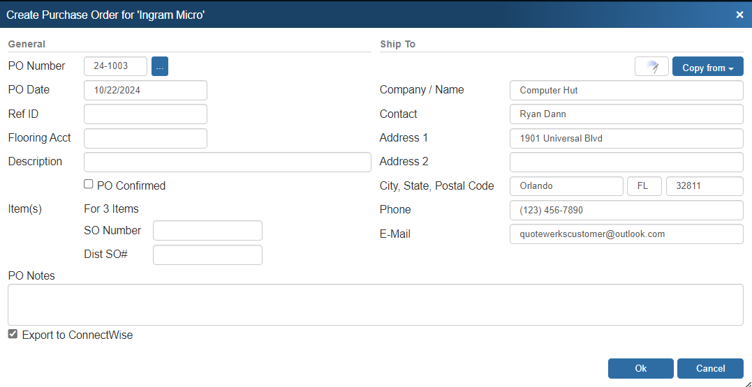 QuoteWerks Creates Purchase orders in ConnectWise PSA/Manage