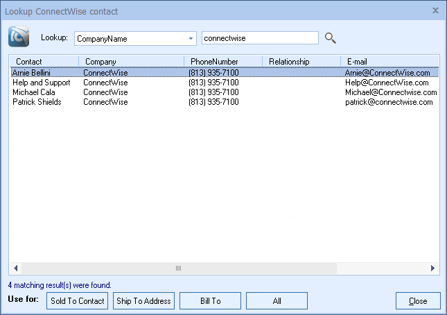 QuoteWerks searches the ConnectWise database for a contact to use in the quote