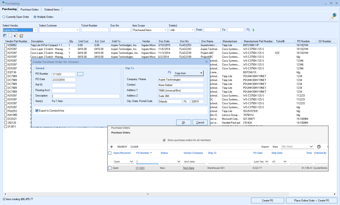 QuoteWerks Creates Purchase orders in ConnectWise Manage