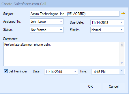 QuoteWerks Creates/Updates Follow up Calls in salesforce.com